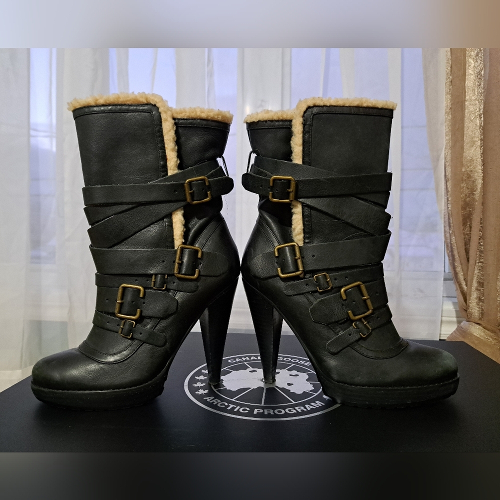Women's Black Faux Leather Boots with Buckle Straps, Size 37, Aldo